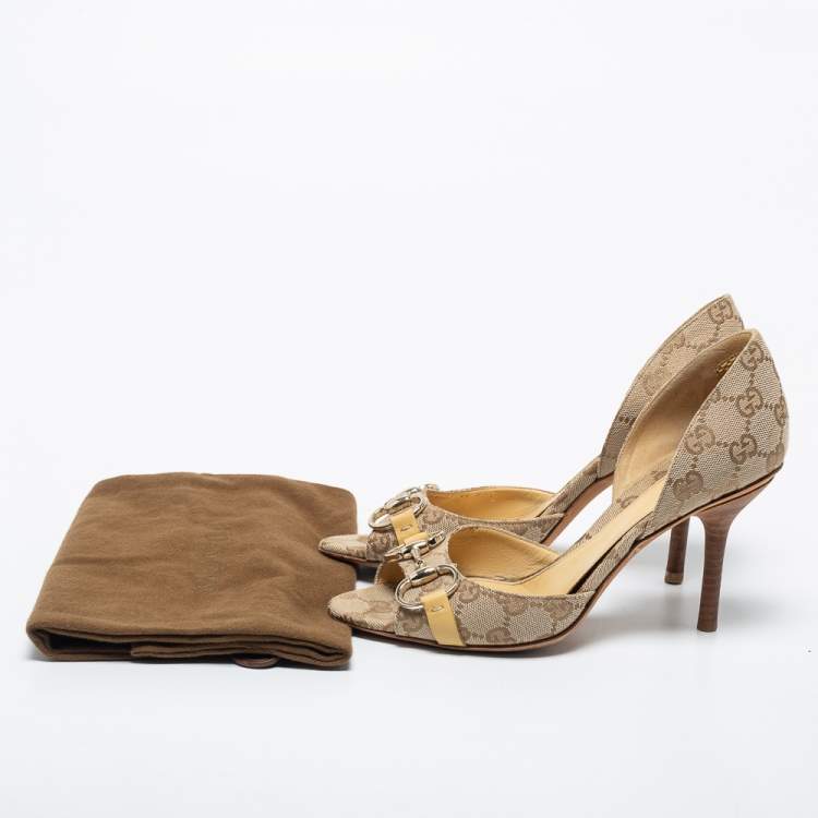 مملوكة مسبقًا Gucci Beige/Brown GG Canvas Hollywood Horsebit D'orsay Pumps Size 36