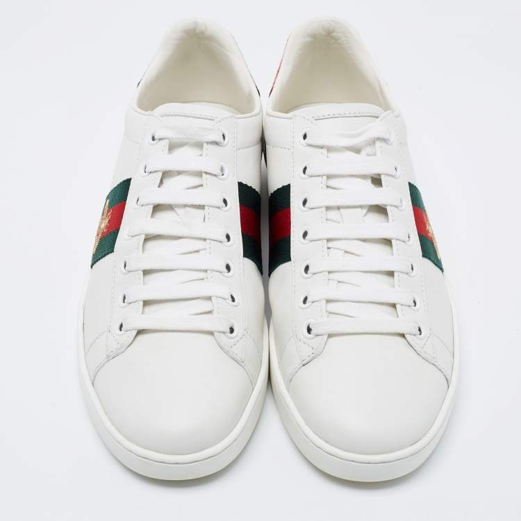Pre Owned Gucci White Leather Bee Embroidered Ace Low Top Sneakers Size 38