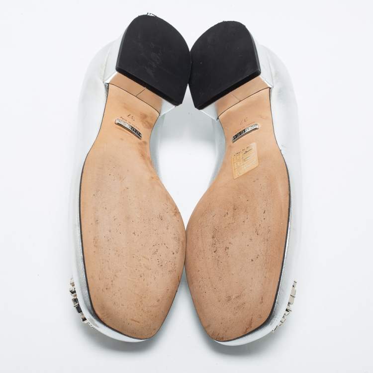 Pre Owned Gucci Silver Leather Interlocking G Logo Embellished Ballet Flats Size 37
