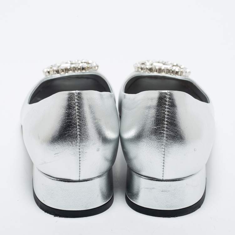 Pre Owned Gucci Silver Leather Interlocking G Logo Embellished Ballet Flats Size 37
