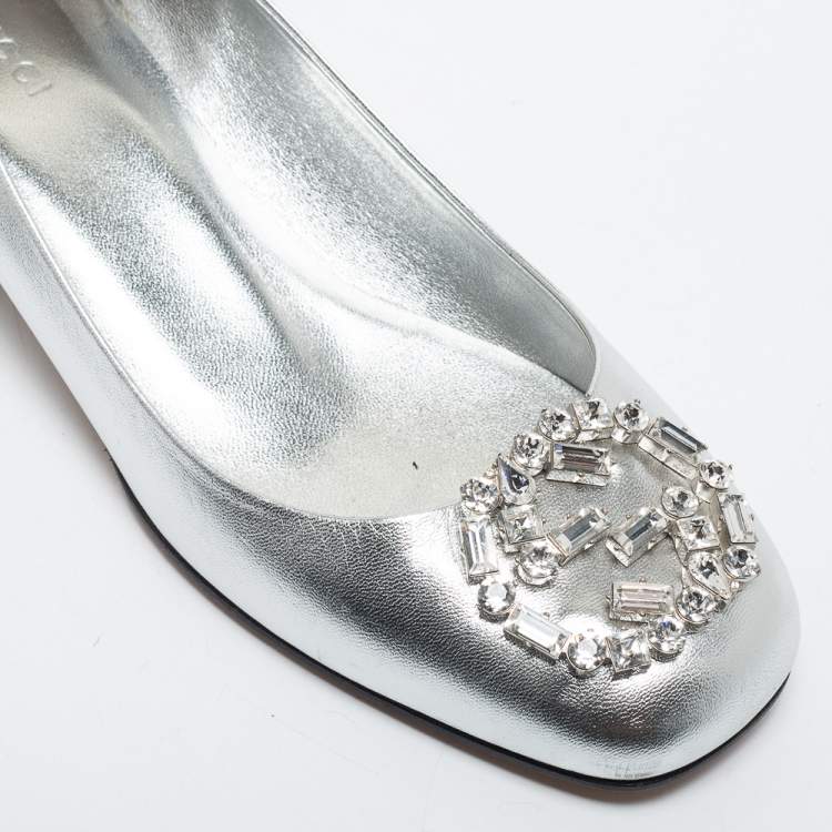Pre Owned Gucci Silver Leather Interlocking G Logo Embellished Ballet Flats Size 37