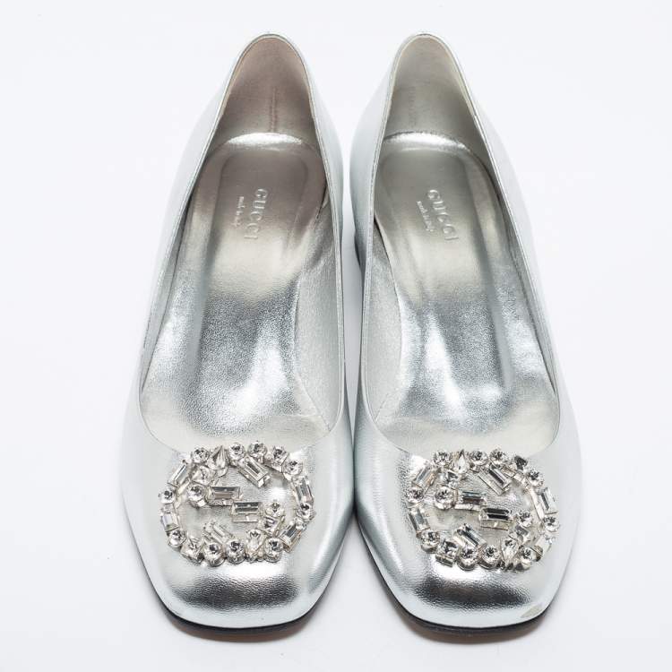 Pre Owned Gucci Silver Leather Interlocking G Logo Embellished Ballet Flats Size 37