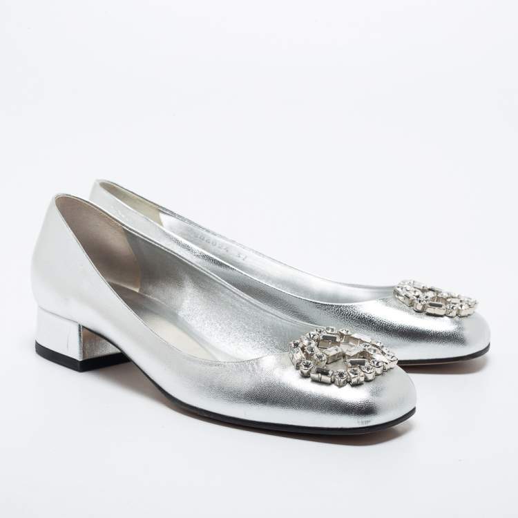 Pre Owned Gucci Silver Leather Interlocking G Logo Embellished Ballet Flats Size 37