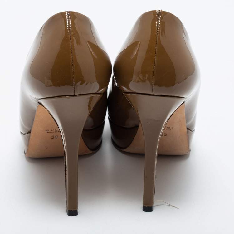 Pre Owned Gucci Olive Green  Patent Leather Tile Square Toe Platform Pumps Size 39