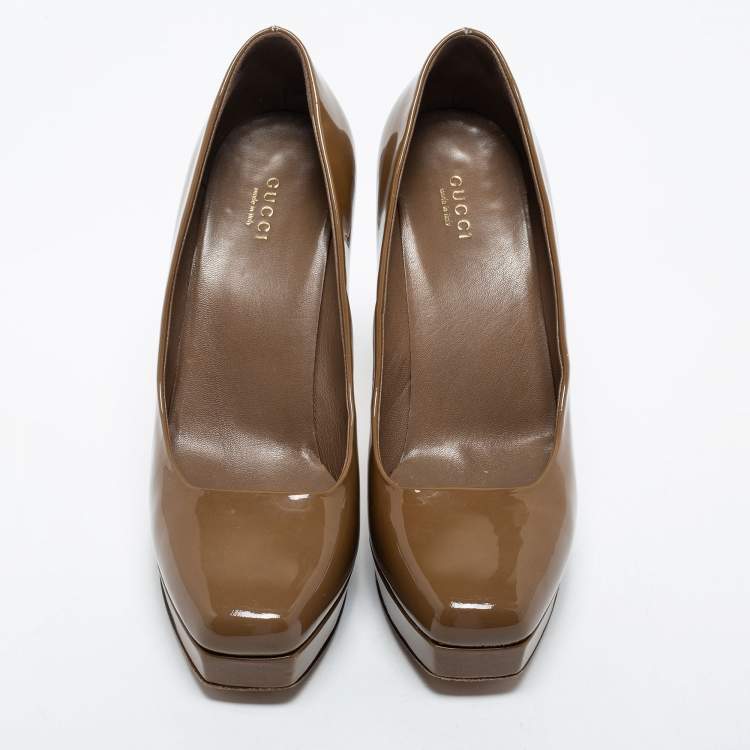 Pre Owned Gucci Olive Green  Patent Leather Tile Square Toe Platform Pumps Size 39