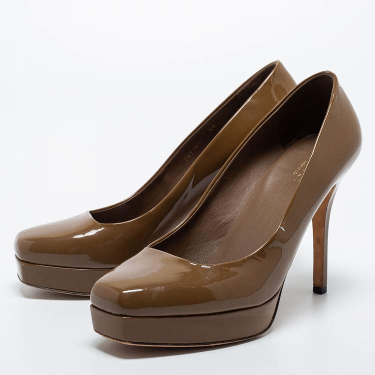 Pre Owned Gucci Olive Green  Patent Leather Tile Square Toe Platform Pumps Size 39