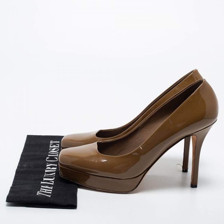 Pre Owned Gucci Olive Green  Patent Leather Tile Square Toe Platform Pumps Size 39