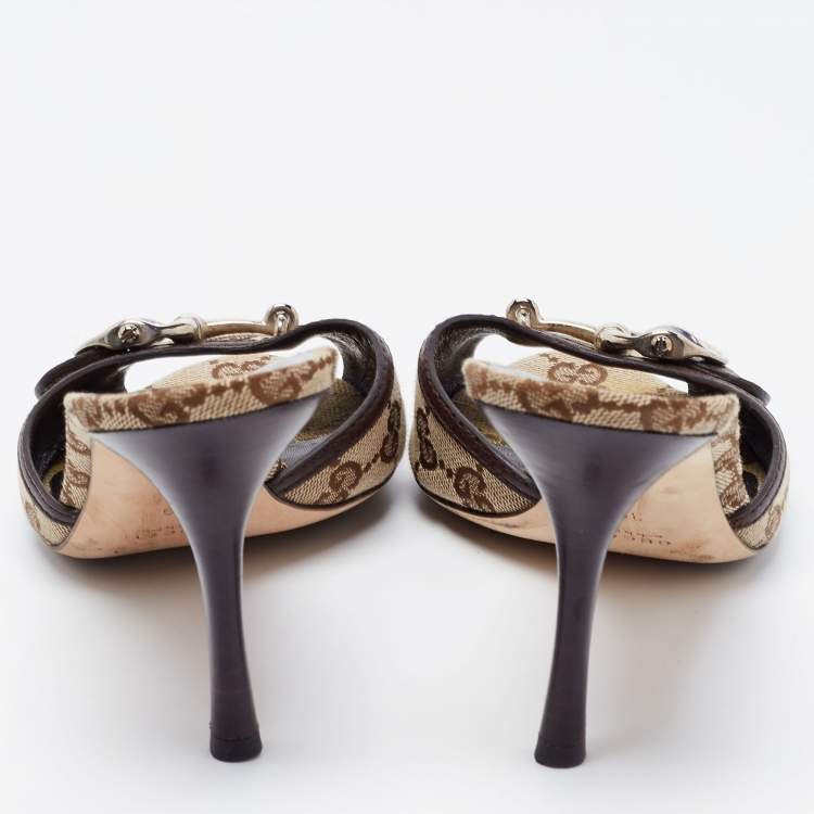 Pre Owned Gucci Beige GG Canvas and Leather Horsebit Mule Sandals Size 39