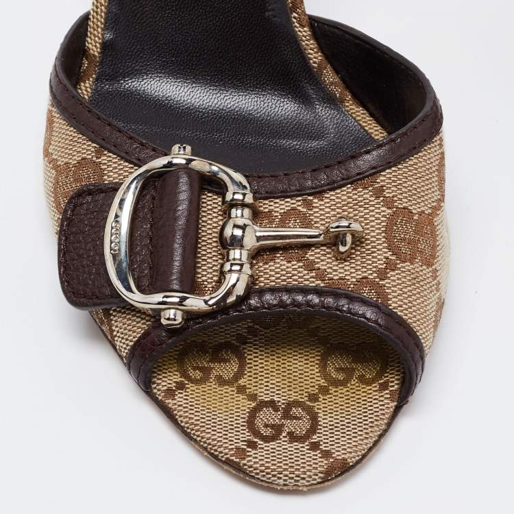 Pre Owned Gucci Beige GG Canvas and Leather Horsebit Mule Sandals Size 39