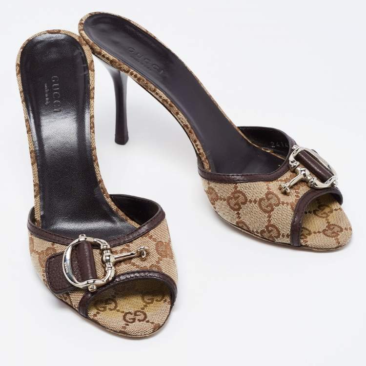 Pre Owned Gucci Beige GG Canvas and Leather Horsebit Mule Sandals Size 39