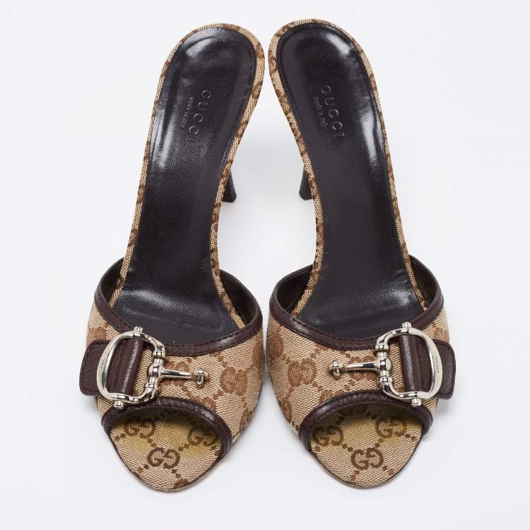 Pre Owned Gucci Beige GG Canvas and Leather Horsebit Mule Sandals Size 39