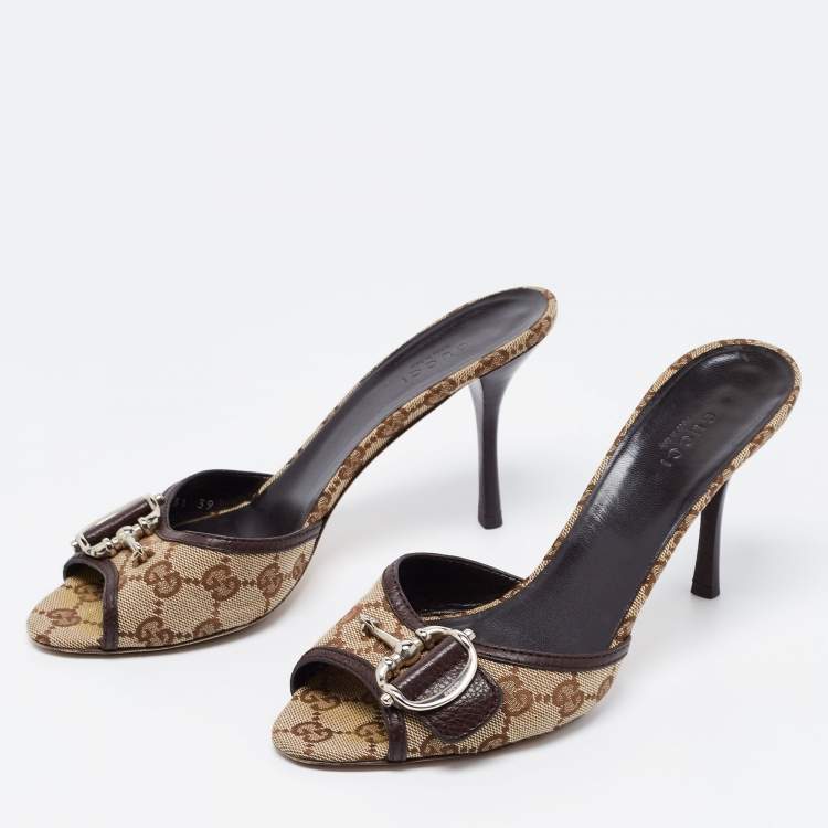 Pre Owned Gucci Beige GG Canvas and Leather Horsebit Mule Sandals Size 39