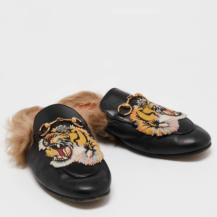 Pre Owned Gucci Black Leather and Fur Tiger Embroidered Princetown Horsebit Flat Mules Size 37