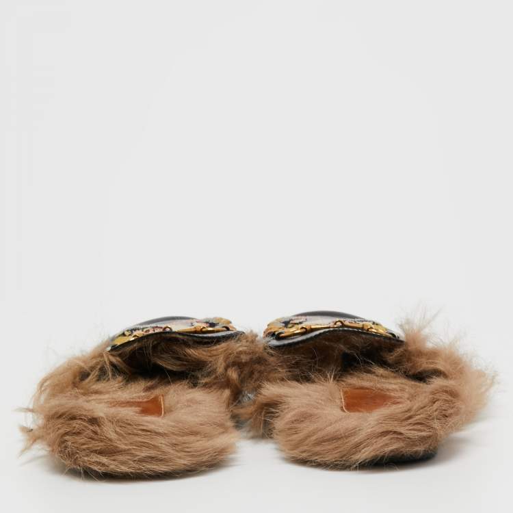 Pre Owned Gucci Black Leather and Fur Tiger Embroidered Princetown Horsebit Flat Mules Size 37