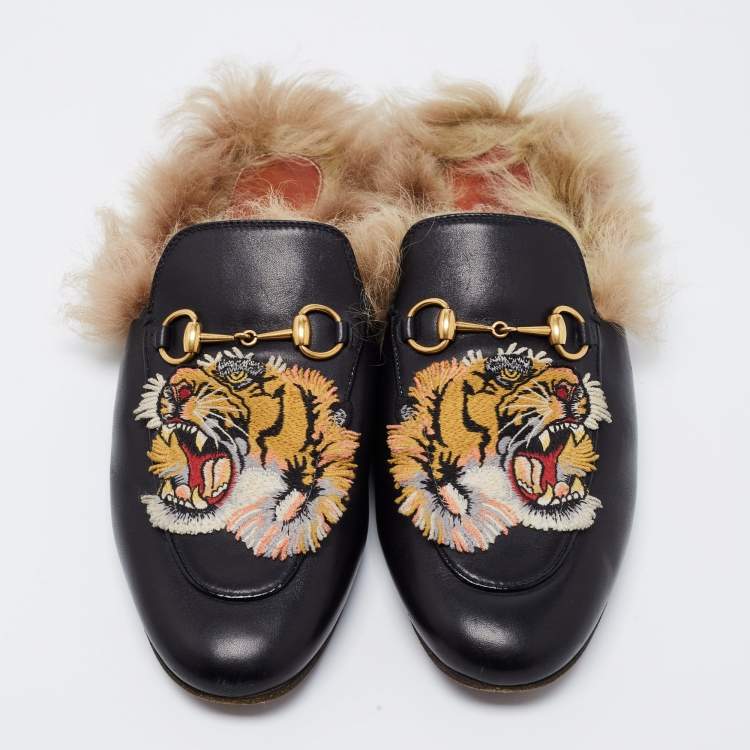 Pre Owned Gucci Black Tiger Embroidered Leather And Fur Princetown Horsebit Flat Mules Size 38