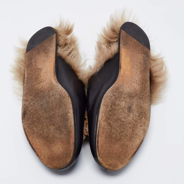 Pre Owned Gucci Black Tiger Embroidered Leather And Fur Princetown Horsebit Flat Mules Size 38