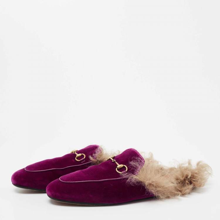 Pre Owned Gucci Purple Velvet Princetown Horsebit Flat Mules Size 39