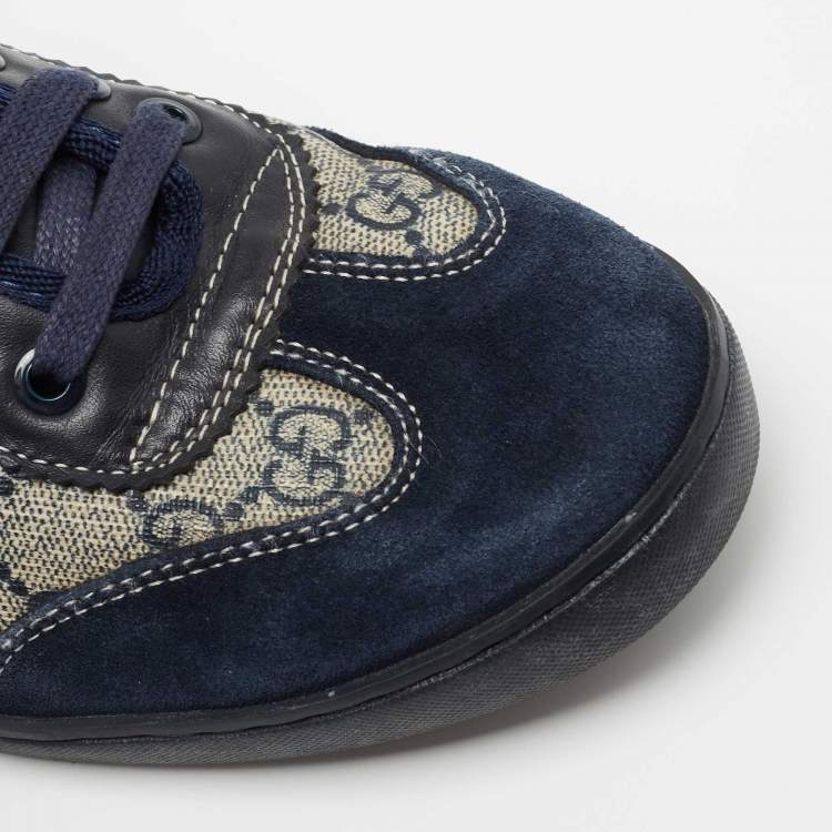 Pre Owned Gucci Navy Blue/Beige GG Supreme Canvas and Suede Low Top Sneakers Size 41