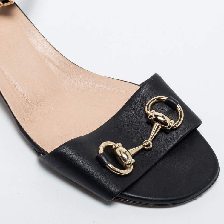 Pre Owned Gucci Black Leather Horsebit Ankle Strap Sandals Size 36