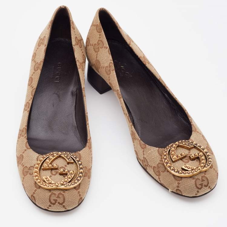 Pre Owned Gucci Beige GG Canvas G Interlocking Pumps Size 35