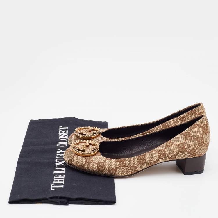 Pre Owned Gucci Beige GG Canvas G Interlocking Pumps Size 35