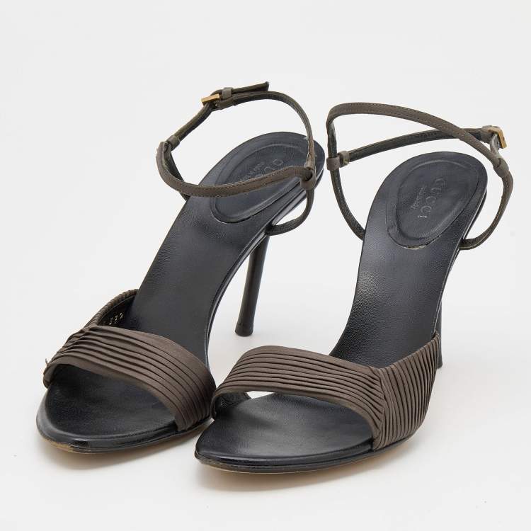 Pre Owned Gucci Dark Grey Pleated Satin Ankle Strap Sandals Size 37.5