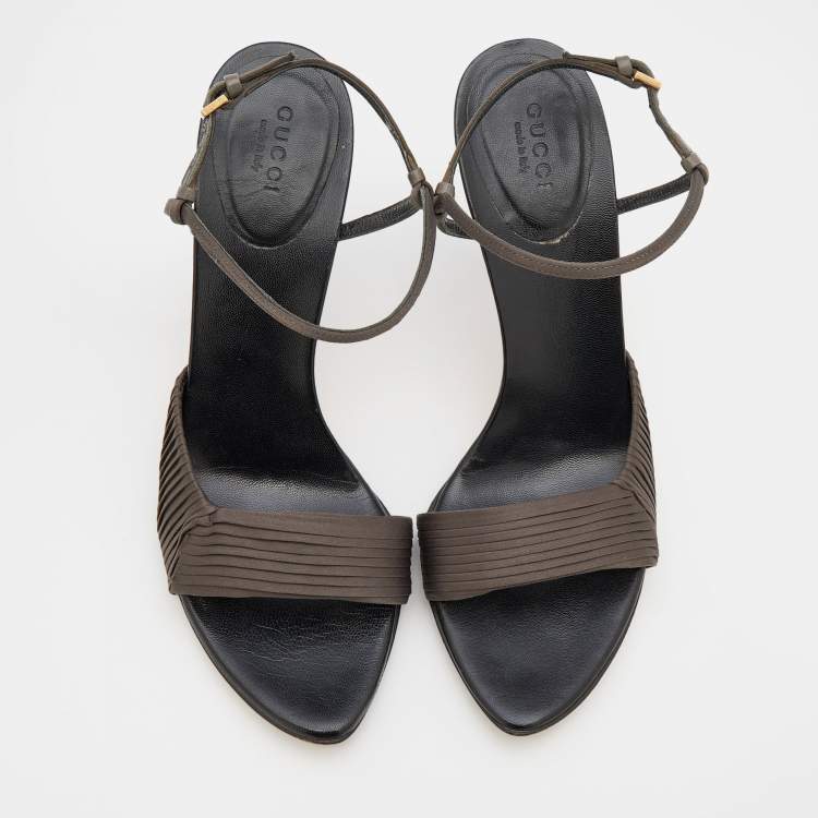 Pre Owned Gucci Dark Grey Pleated Satin Ankle Strap Sandals Size 37.5