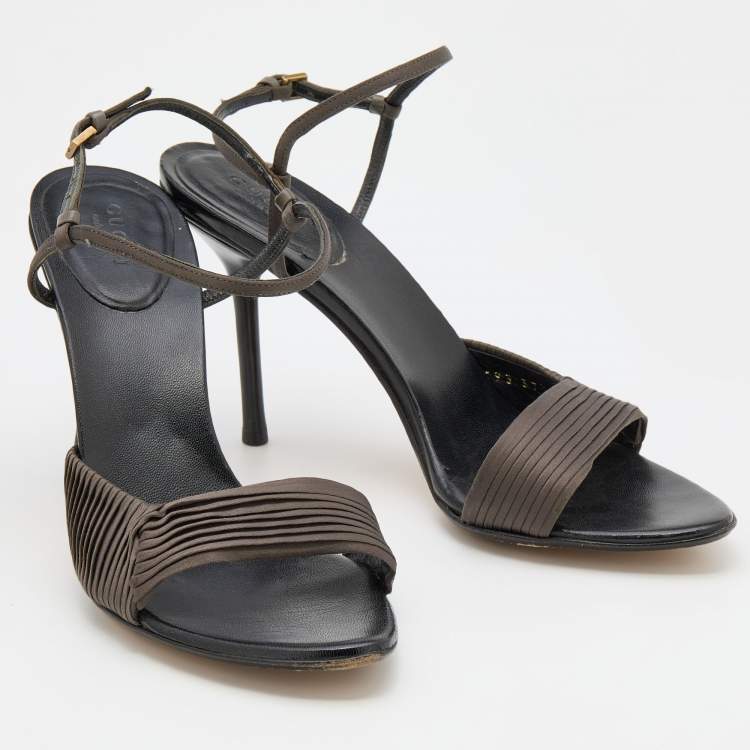 Pre Owned Gucci Dark Grey Pleated Satin Ankle Strap Sandals Size 37.5