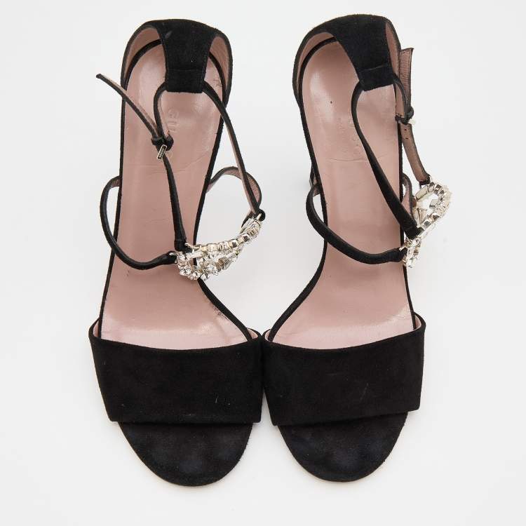 Pre Owned Gucci Black Suede Crystal Embellished GG Interlock Ankle Strap Sandals Size 38.5