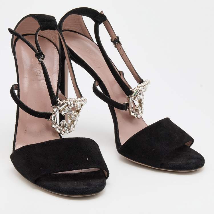 Pre Owned Gucci Black Suede Crystal Embellished GG Interlock Ankle Strap Sandals Size 38.5