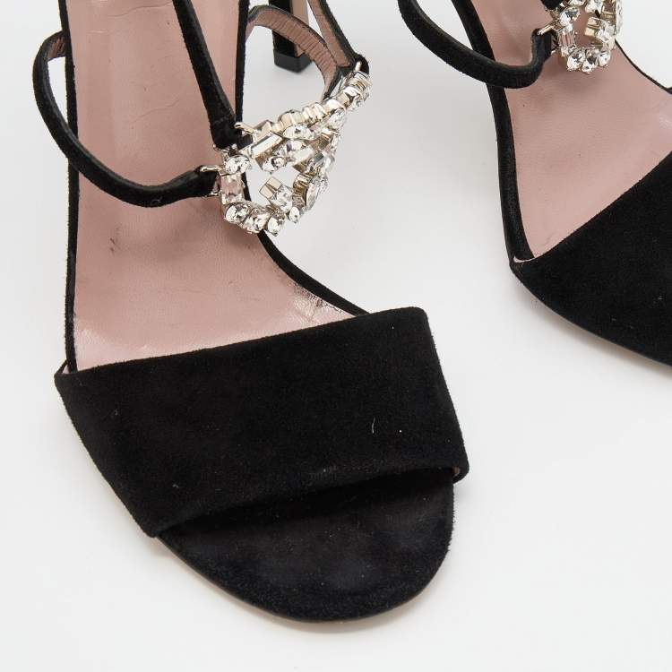 Pre Owned Gucci Black Suede Crystal Embellished GG Interlock Ankle Strap Sandals Size 38.5