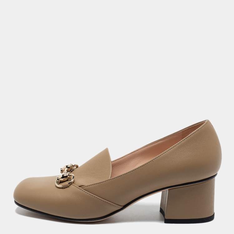 Pre Owned Gucci Beige Leather Horsebit Block Heel Pumps Size 36