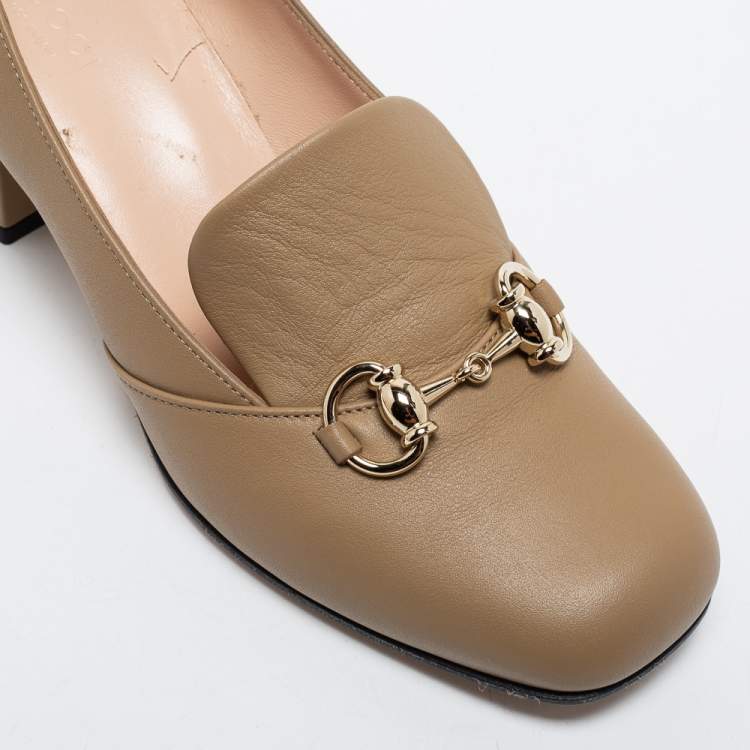 Pre Owned Gucci Beige Leather Horsebit Block Heel Pumps Size 36