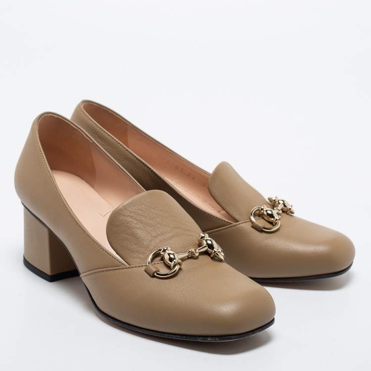 Pre Owned Gucci Beige Leather Horsebit Block Heel Pumps Size 36