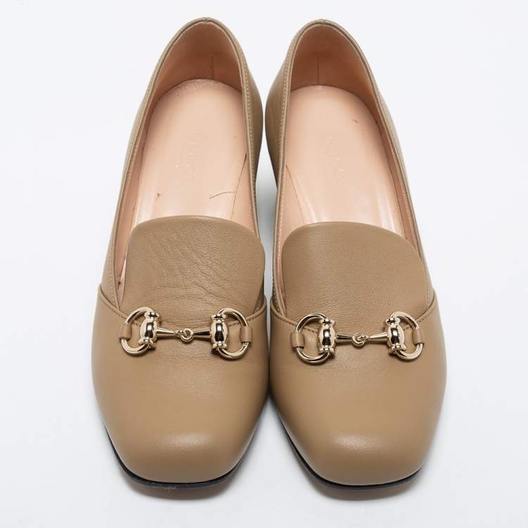 Pre Owned Gucci Beige Leather Horsebit Block Heel Pumps Size 36