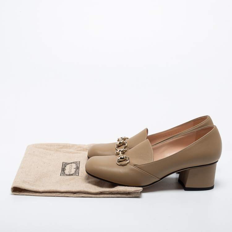 Pre Owned Gucci Beige Leather Horsebit Block Heel Pumps Size 36
