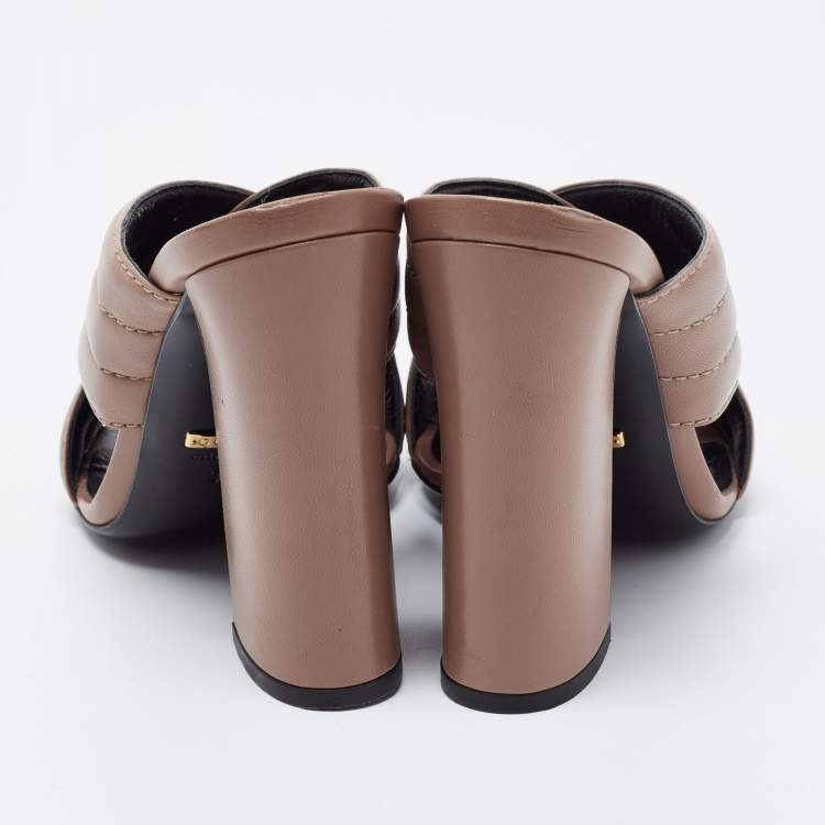 Pre Owned Gucci Light Brown Quilted Leather Criss Cross Block Heel Mules Size 39