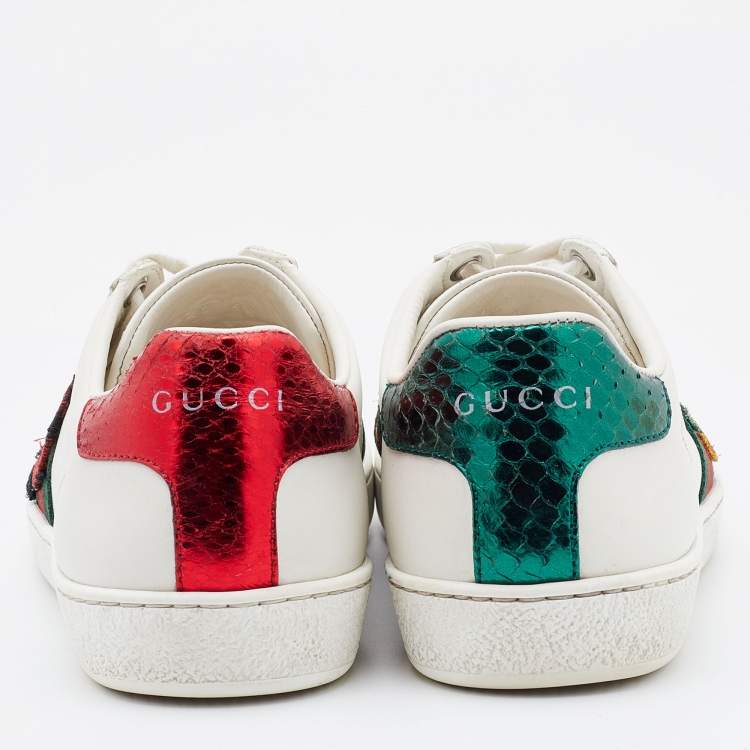 Pre Owned Gucci White Leather Ace Embroidered Ladybug and Pineapple Low Top Sneakers Size 35