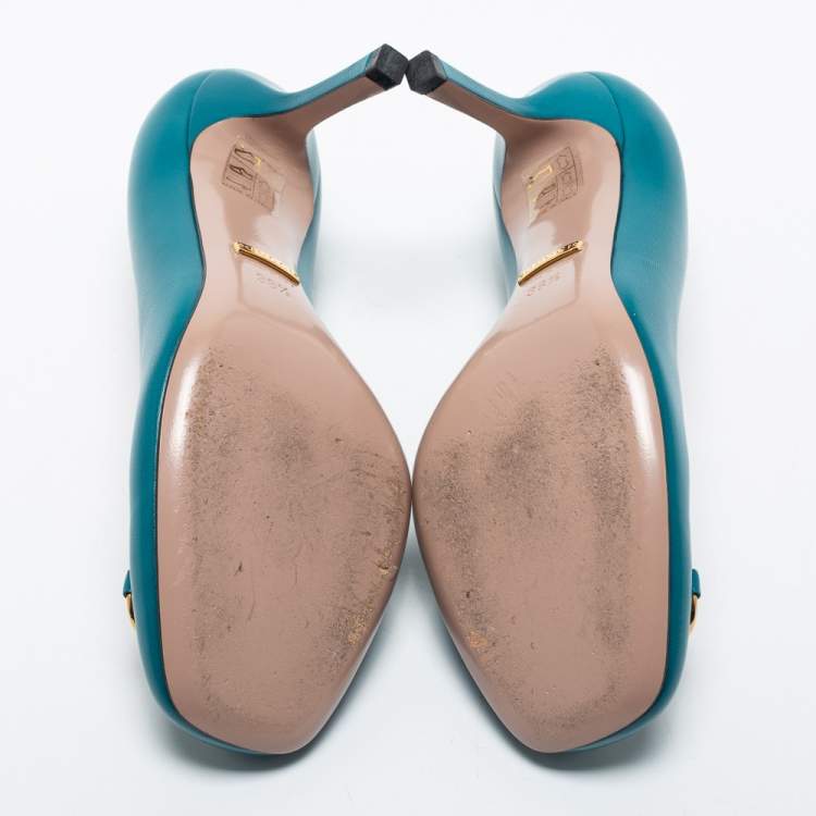 Pre Owned Gucci Teal Leather Horsebit Square Toe Pumps Size 36.5