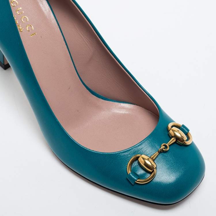 Pre Owned Gucci Teal Leather Horsebit Square Toe Pumps Size 36.5