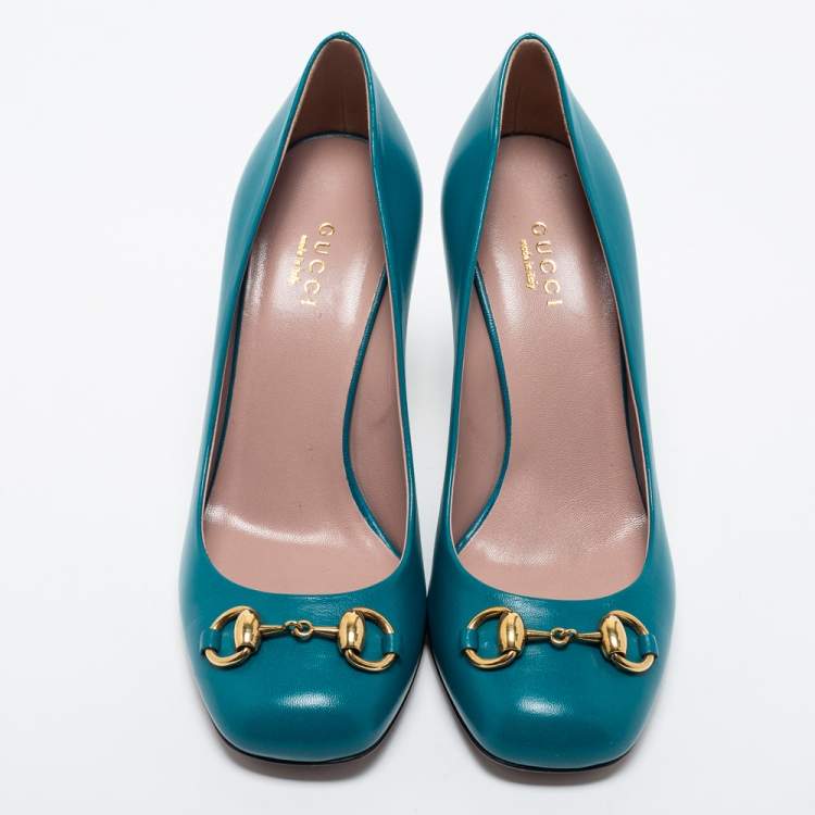 Pre Owned Gucci Teal Leather Horsebit Square Toe Pumps Size 36.5