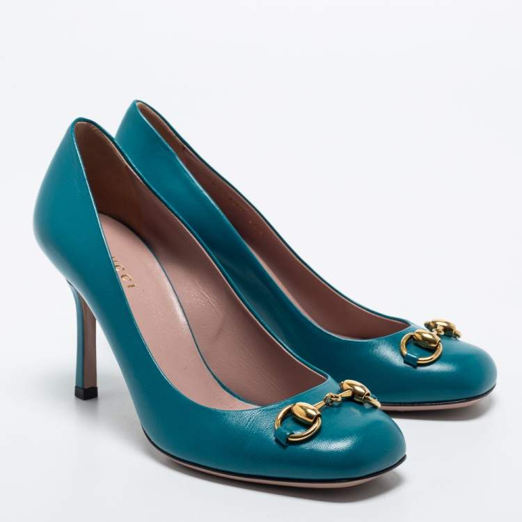 Pre Owned Gucci Teal Leather Horsebit Square Toe Pumps Size 36.5