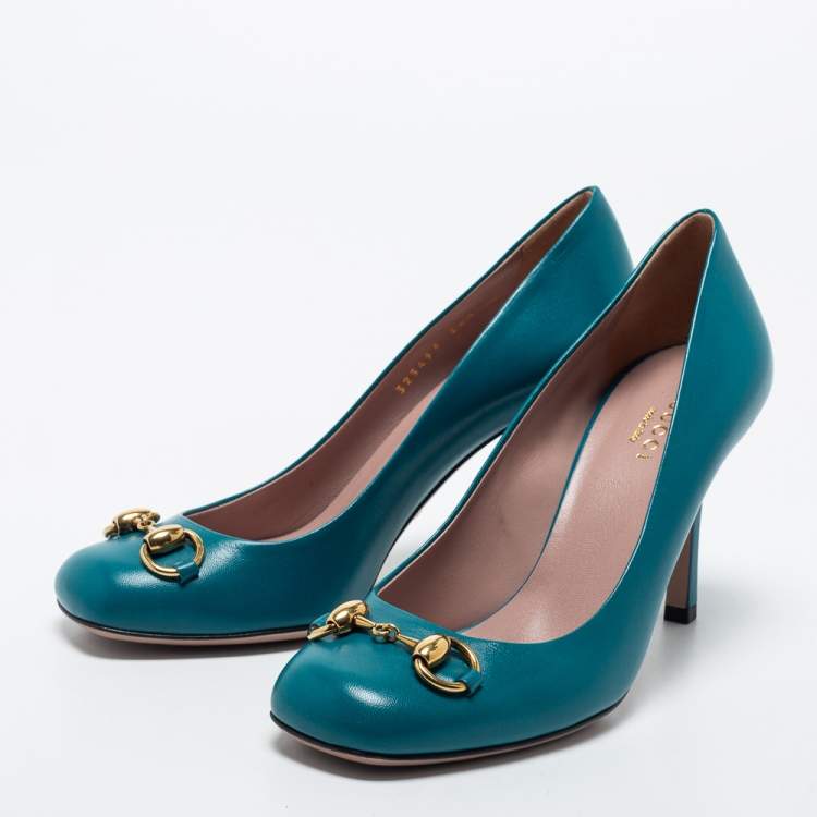 Pre Owned Gucci Teal Leather Horsebit Square Toe Pumps Size 36.5
