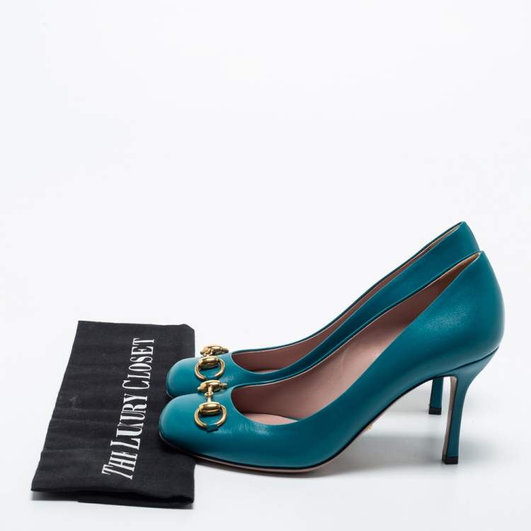 Pre Owned Gucci Teal Leather Horsebit Square Toe Pumps Size 36.5