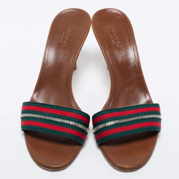 Pre Owned Gucci Tricolor Zip Web Canvas Slide Sandals Size 37