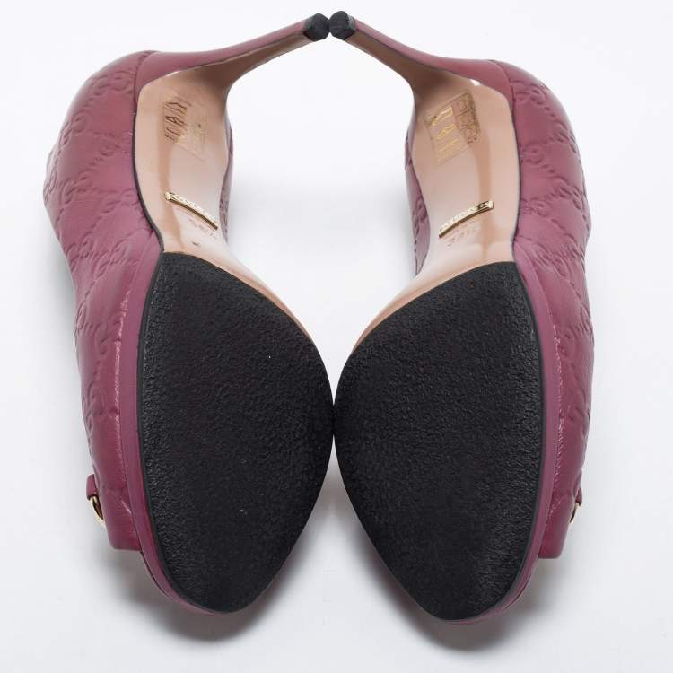 Pre Owned Gucci Plum Guccissima Leather Horsebit Peep Toe Platform Pumps Size 36.5