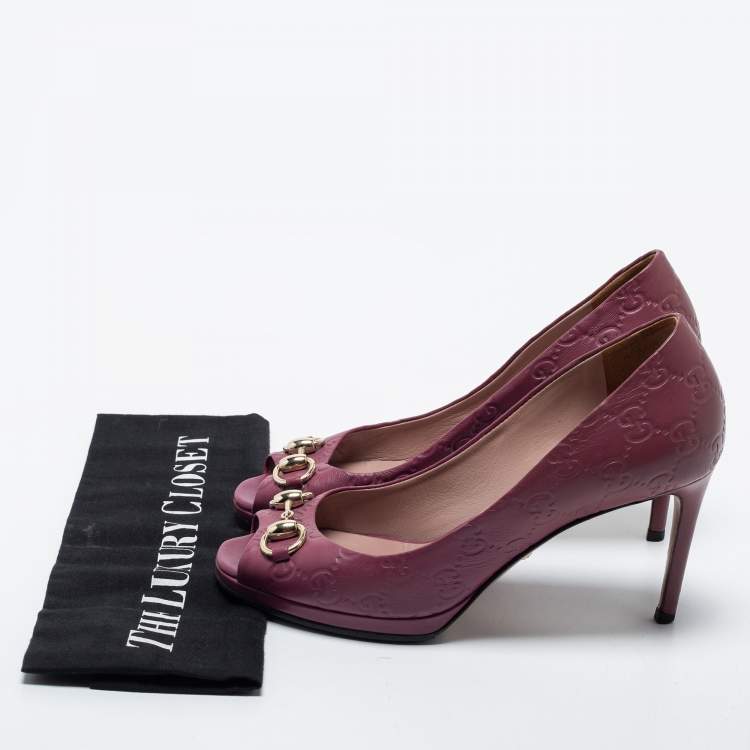 Pre Owned Gucci Plum Guccissima Leather Horsebit Peep Toe Platform Pumps Size 36.5