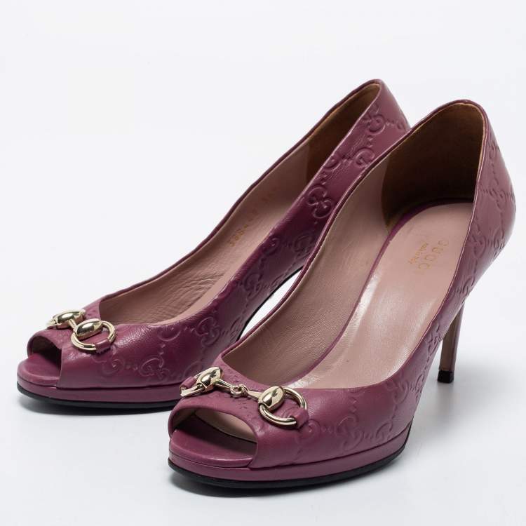 Pre Owned Gucci Plum Guccissima Leather Horsebit Peep Toe Platform Pumps Size 36.5