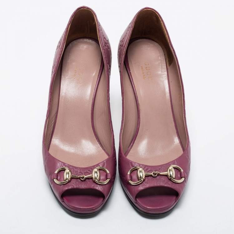 Pre Owned Gucci Plum Guccissima Leather Horsebit Peep Toe Platform Pumps Size 36.5