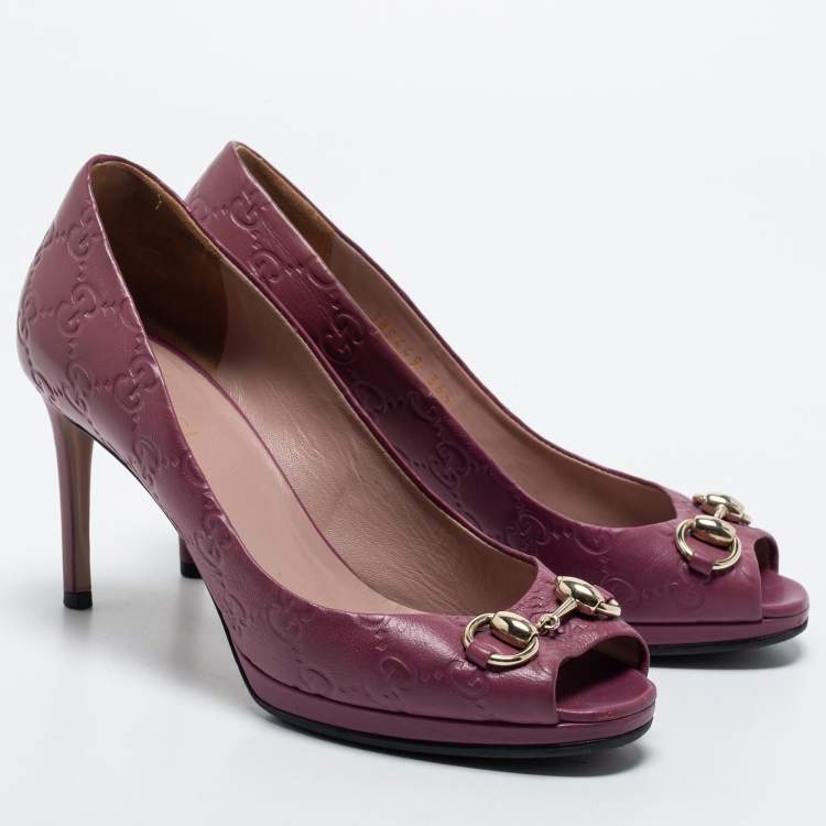 Pre Owned Gucci Plum Guccissima Leather Horsebit Peep Toe Platform Pumps Size 36.5